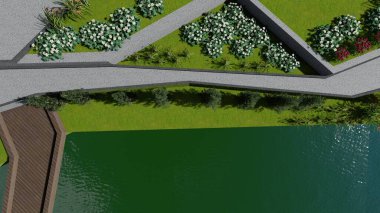 Memleketin peyzaj tasarımının 3 boyutlu görüntüsü. Bölgenin peyzajı. Birleşik peyzaj ve peyzaj çözümlerinin bilgisayar görselleştirmesi.