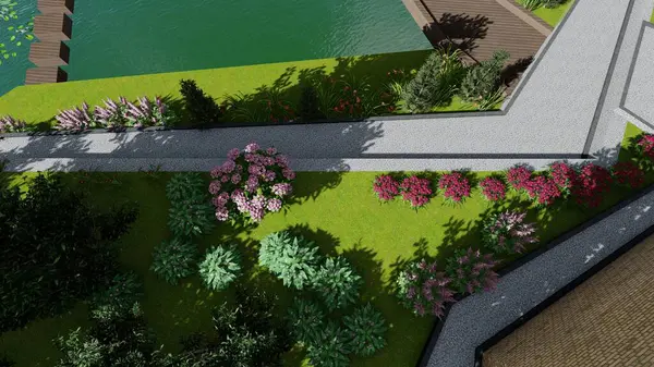 Memleketin peyzaj tasarımının 3 boyutlu görüntüsü. Bölgenin peyzajı. Birleşik peyzaj ve peyzaj çözümlerinin bilgisayar görselleştirmesi.