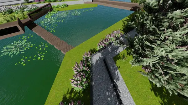 Memleketin peyzaj tasarımının 3 boyutlu görüntüsü. Bölgenin peyzajı. Birleşik peyzaj ve peyzaj çözümlerinin bilgisayar görselleştirmesi.