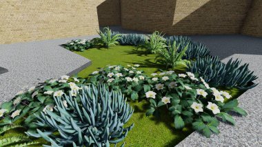 Memleketin peyzaj tasarımının 3 boyutlu görüntüsü. Bölgenin peyzajı. Birleşik peyzaj ve peyzaj çözümlerinin bilgisayar görselleştirmesi.