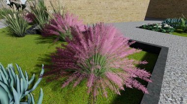 Memleketin peyzaj tasarımının 3 boyutlu görüntüsü. Bölgenin peyzajı. Birleşik peyzaj ve peyzaj çözümlerinin bilgisayar görselleştirmesi.