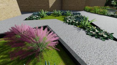 Memleketin peyzaj tasarımının 3 boyutlu görüntüsü. Bölgenin peyzajı. Birleşik peyzaj ve peyzaj çözümlerinin bilgisayar görselleştirmesi.