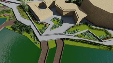 Memleketin peyzaj tasarımının 3 boyutlu görüntüsü. Bölgenin peyzajı. Birleşik peyzaj ve peyzaj çözümlerinin bilgisayar görselleştirmesi.