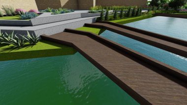 Memleketin peyzaj tasarımının 3 boyutlu görüntüsü. Bölgenin peyzajı. Birleşik peyzaj ve peyzaj çözümlerinin bilgisayar görselleştirmesi.