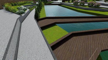 Memleketin peyzaj tasarımının 3 boyutlu görüntüsü. Bölgenin peyzajı. Birleşik peyzaj ve peyzaj çözümlerinin bilgisayar görselleştirmesi.