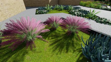 Memleketin peyzaj tasarımının 3 boyutlu görüntüsü. Bölgenin peyzajı. Birleşik peyzaj ve peyzaj çözümlerinin bilgisayar görselleştirmesi.