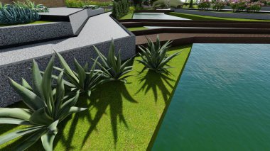 Memleketin peyzaj tasarımının 3 boyutlu görüntüsü. Bölgenin peyzajı. Birleşik peyzaj ve peyzaj çözümlerinin bilgisayar görselleştirmesi.