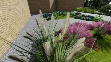 Memleketin peyzaj tasarımının 3 boyutlu görüntüsü. Bölgenin peyzajı. Birleşik peyzaj ve peyzaj çözümlerinin bilgisayar görselleştirmesi.