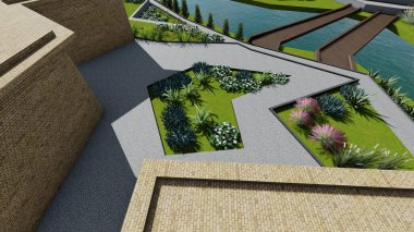 Memleketin peyzaj tasarımının 3 boyutlu görüntüsü. Bölgenin peyzajı. Birleşik peyzaj ve peyzaj çözümlerinin bilgisayar görselleştirmesi.