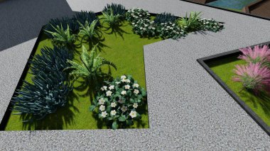 Memleketin peyzaj tasarımının 3 boyutlu görüntüsü. Bölgenin peyzajı. Birleşik peyzaj ve peyzaj çözümlerinin bilgisayar görselleştirmesi.