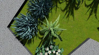 Memleketin peyzaj tasarımının 3 boyutlu görüntüsü. Bölgenin peyzajı. Birleşik peyzaj ve peyzaj çözümlerinin bilgisayar görselleştirmesi.