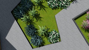 Memleketin peyzaj tasarımının 3 boyutlu görüntüsü. Bölgenin peyzajı. Birleşik peyzaj ve peyzaj çözümlerinin bilgisayar görselleştirmesi.