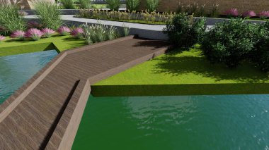 Memleketin peyzaj tasarımının 3 boyutlu görüntüsü. Bölgenin peyzajı. Birleşik peyzaj ve peyzaj çözümlerinin bilgisayar görselleştirmesi.