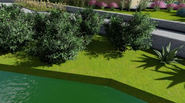 Memleketin peyzaj tasarımının 3 boyutlu görüntüsü. Bölgenin peyzajı. Birleşik peyzaj ve peyzaj çözümlerinin bilgisayar görselleştirmesi.