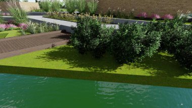 Memleketin peyzaj tasarımının 3 boyutlu görüntüsü. Bölgenin peyzajı. Birleşik peyzaj ve peyzaj çözümlerinin bilgisayar görselleştirmesi.