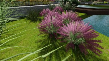 Memleketin peyzaj tasarımının 3 boyutlu görüntüsü. Bölgenin peyzajı. Birleşik peyzaj ve peyzaj çözümlerinin bilgisayar görselleştirmesi.