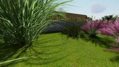 Memleketin peyzaj tasarımının 3 boyutlu görüntüsü. Bölgenin peyzajı. Birleşik peyzaj ve peyzaj çözümlerinin bilgisayar görselleştirmesi.