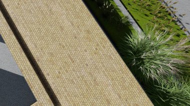 Memleketin peyzaj tasarımının 3 boyutlu görüntüsü. Bölgenin peyzajı. Birleşik peyzaj ve peyzaj çözümlerinin bilgisayar görselleştirmesi.