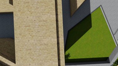 Memleketin peyzaj tasarımının 3 boyutlu görüntüsü. Bölgenin peyzajı. Birleşik peyzaj ve peyzaj çözümlerinin bilgisayar görselleştirmesi.