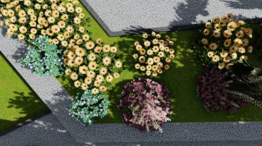 Memleketin peyzaj tasarımının 3 boyutlu görüntüsü. Bölgenin peyzajı. Birleşik peyzaj ve peyzaj çözümlerinin bilgisayar görselleştirmesi.