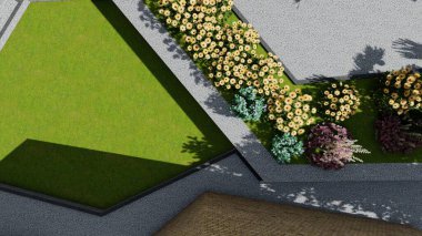 Memleketin peyzaj tasarımının 3 boyutlu görüntüsü. Bölgenin peyzajı. Birleşik peyzaj ve peyzaj çözümlerinin bilgisayar görselleştirmesi.