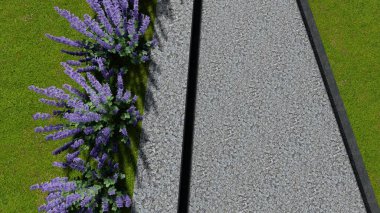 Memleketin peyzaj tasarımının 3 boyutlu görüntüsü. Bölgenin peyzajı. Birleşik peyzaj ve peyzaj çözümlerinin bilgisayar görselleştirmesi.