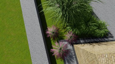 Memleketin peyzaj tasarımının 3 boyutlu görüntüsü. Bölgenin peyzajı. Birleşik peyzaj ve peyzaj çözümlerinin bilgisayar görselleştirmesi.