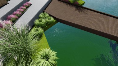 Memleketin peyzaj tasarımının 3 boyutlu görüntüsü. Bölgenin peyzajı. Birleşik peyzaj ve peyzaj çözümlerinin bilgisayar görselleştirmesi.