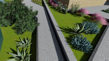 Memleketin peyzaj tasarımının 3 boyutlu görüntüsü. Bölgenin peyzajı. Birleşik peyzaj ve peyzaj çözümlerinin bilgisayar görselleştirmesi.