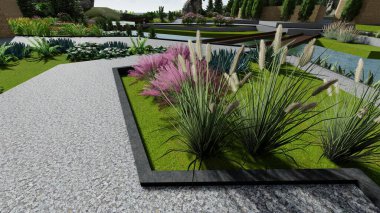 Memleketin peyzaj tasarımının 3 boyutlu görüntüsü. Bölgenin peyzajı. Birleşik peyzaj ve peyzaj çözümlerinin bilgisayar görselleştirmesi.