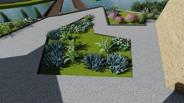 Memleketin peyzaj tasarımının 3 boyutlu görüntüsü. Bölgenin peyzajı. Birleşik peyzaj ve peyzaj çözümlerinin bilgisayar görselleştirmesi.