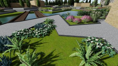 Memleketin peyzaj tasarımının 3 boyutlu görüntüsü. Bölgenin peyzajı. Birleşik peyzaj ve peyzaj çözümlerinin bilgisayar görselleştirmesi.