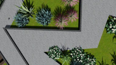 Memleketin peyzaj tasarımının 3 boyutlu görüntüsü. Bölgenin peyzajı. Birleşik peyzaj ve peyzaj çözümlerinin bilgisayar görselleştirmesi.