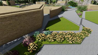 Memleketin peyzaj tasarımının 3 boyutlu görüntüsü. Bölgenin peyzajı. Birleşik peyzaj ve peyzaj çözümlerinin bilgisayar görselleştirmesi.