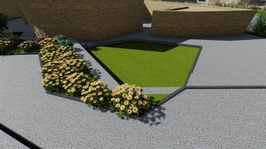 Memleketin peyzaj tasarımının 3 boyutlu görüntüsü. Bölgenin peyzajı. Birleşik peyzaj ve peyzaj çözümlerinin bilgisayar görselleştirmesi.