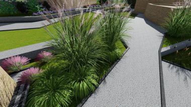 Memleketin peyzaj tasarımının 3 boyutlu görüntüsü. Bölgenin peyzajı. Birleşik peyzaj ve peyzaj çözümlerinin bilgisayar görselleştirmesi.