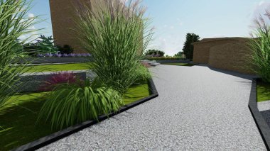 Memleketin peyzaj tasarımının 3 boyutlu görüntüsü. Bölgenin peyzajı. Birleşik peyzaj ve peyzaj çözümlerinin bilgisayar görselleştirmesi.