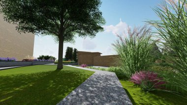 Memleketin peyzaj tasarımının 3 boyutlu görüntüsü. Bölgenin peyzajı. Birleşik peyzaj ve peyzaj çözümlerinin bilgisayar görselleştirmesi.