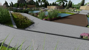 Memleketin peyzaj tasarımının 3 boyutlu görüntüsü. Bölgenin peyzajı. Birleşik peyzaj ve peyzaj çözümlerinin bilgisayar görselleştirmesi.