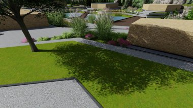 Memleketin peyzaj tasarımının 3 boyutlu görüntüsü. Bölgenin peyzajı. Birleşik peyzaj ve peyzaj çözümlerinin bilgisayar görselleştirmesi.