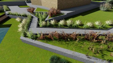 Memleketin peyzaj tasarımının 3 boyutlu görüntüsü. Bölgenin peyzajı. Birleşik peyzaj ve peyzaj çözümlerinin bilgisayar görselleştirmesi.