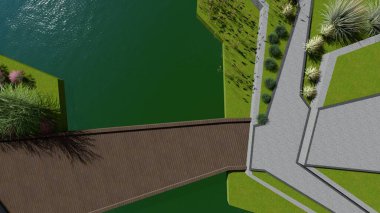 Memleketin peyzaj tasarımının 3 boyutlu görüntüsü. Bölgenin peyzajı. Birleşik peyzaj ve peyzaj çözümlerinin bilgisayar görselleştirmesi.