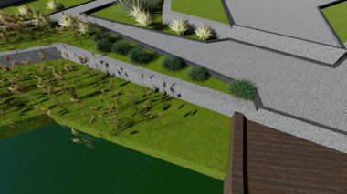 Memleketin peyzaj tasarımının 3 boyutlu görüntüsü. Bölgenin peyzajı. Birleşik peyzaj ve peyzaj çözümlerinin bilgisayar görselleştirmesi.