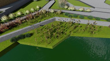 Memleketin peyzaj tasarımının 3 boyutlu görüntüsü. Bölgenin peyzajı. Birleşik peyzaj ve peyzaj çözümlerinin bilgisayar görselleştirmesi.