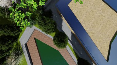 Memleketin peyzaj tasarımının 3 boyutlu görüntüsü. Bölgenin peyzajı. Birleşik peyzaj ve peyzaj çözümlerinin bilgisayar görselleştirmesi.