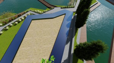 Memleketin peyzaj tasarımının 3 boyutlu görüntüsü. Bölgenin peyzajı. Birleşik peyzaj ve peyzaj çözümlerinin bilgisayar görselleştirmesi.