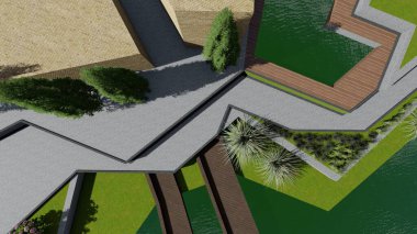 Memleketin peyzaj tasarımının 3 boyutlu görüntüsü. Bölgenin peyzajı. Birleşik peyzaj ve peyzaj çözümlerinin bilgisayar görselleştirmesi.