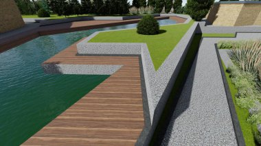 Memleketin peyzaj tasarımının 3 boyutlu görüntüsü. Bölgenin peyzajı. Birleşik peyzaj ve peyzaj çözümlerinin bilgisayar görselleştirmesi.