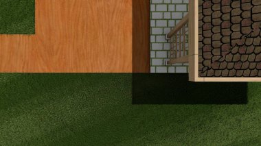 Memleketin peyzaj tasarımının 3 boyutlu görüntüsü. Bölgenin peyzajı. Birleşik peyzaj ve peyzaj çözümlerinin bilgisayar görselleştirmesi.