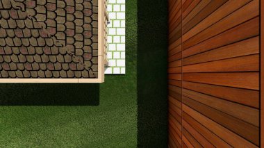 Memleketin peyzaj tasarımının 3 boyutlu görüntüsü. Bölgenin peyzajı. Birleşik peyzaj ve peyzaj çözümlerinin bilgisayar görselleştirmesi.